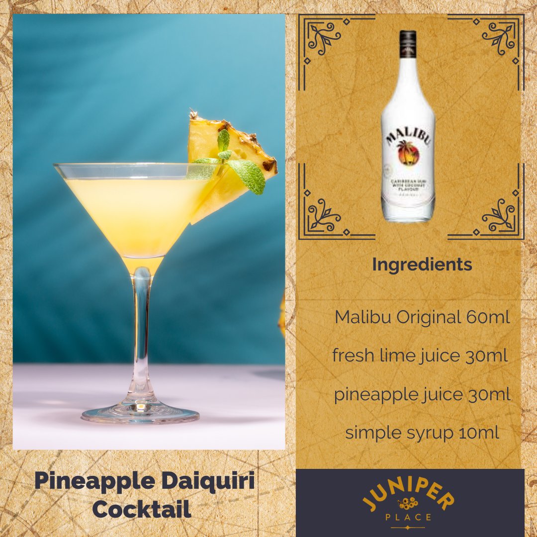Here's a cocktail to make at home and partially recreate enjoying a Pineapple Daiquiri at Juniper Place. We serve Plantation Pineapple infused rum in ours but this recipe is from our friends at MalibuRum juniper-place.co.uk/how-to-make-a-… #cocktail #daiquiri #juniperplace