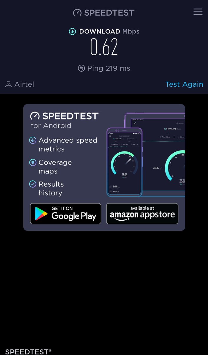 devendrashinde's tweet photo. Dear @airtelindia @Airtel_Presence This is the #4G speed I am getting since last 8 days in Dhankwadi area, Pune... Really disappointed with the #Airtel network issues.. #AirtelDown https://t.co/aNzqVpy6B1