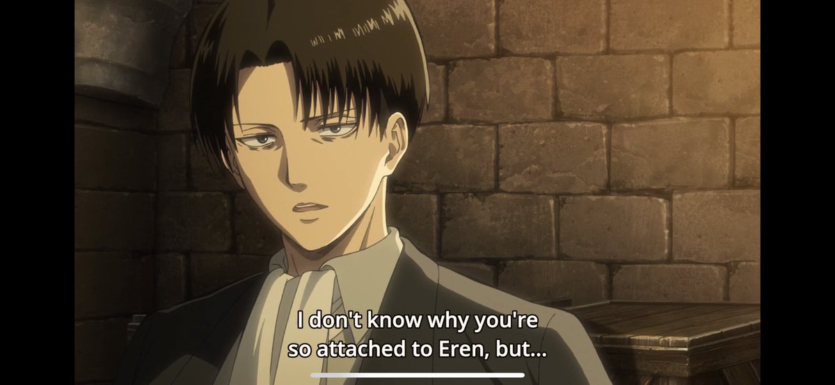2. It is hinted at again by Levi, who states that he doesn’t know why Mikasa is attached to Eren, when in reality Mikasa likes Eren a lot, but she struggles to acknowledge her felling and to tell him. Whereas, Eren is still oblivious to his feelings for Mikasa.