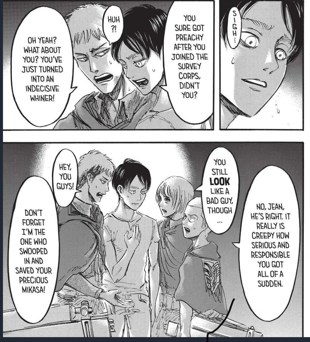 17. Later on, when everyone gets back, Mikasa suffered from broken ribs due to the horse ride back, Eren felt as if it was his fault,as he got caught. Eren then feels apologetic towards Mikasa, but Mikasa’s said it was fine.