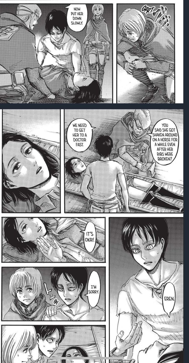 17. Later on, when everyone gets back, Mikasa suffered from broken ribs due to the horse ride back, Eren felt as if it was his fault,as he got caught. Eren then feels apologetic towards Mikasa, but Mikasa’s said it was fine.