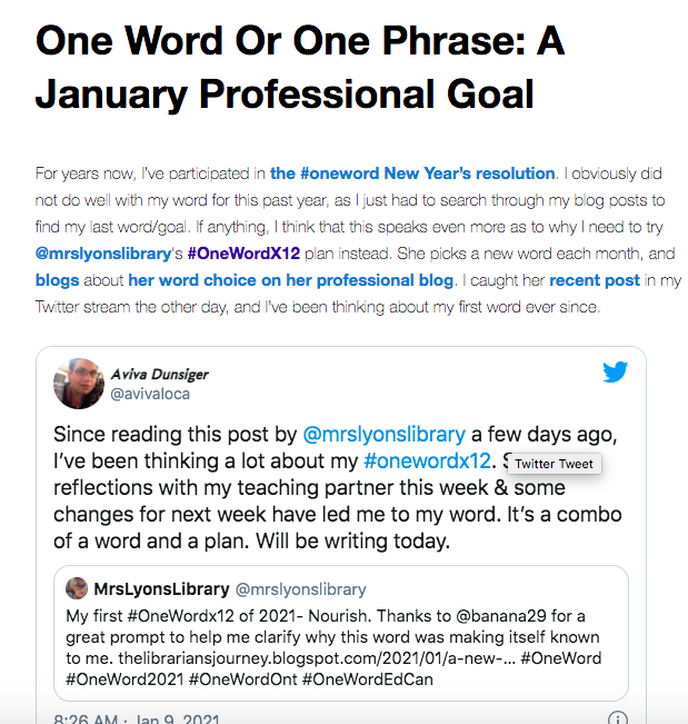 avivaloca's tweet photo. It's taken some time, but I've finally published my #oneword (or #onewordX12) goal for January. Thanks @mrslyonslibrary for the inspiration. Being the educational troublemaker that I am, I might have bent the rules a bit. https://t.co/d42r533YXW Thoughts? #onewordONT #kinderchat https://t.co/xhbMbyN1JV