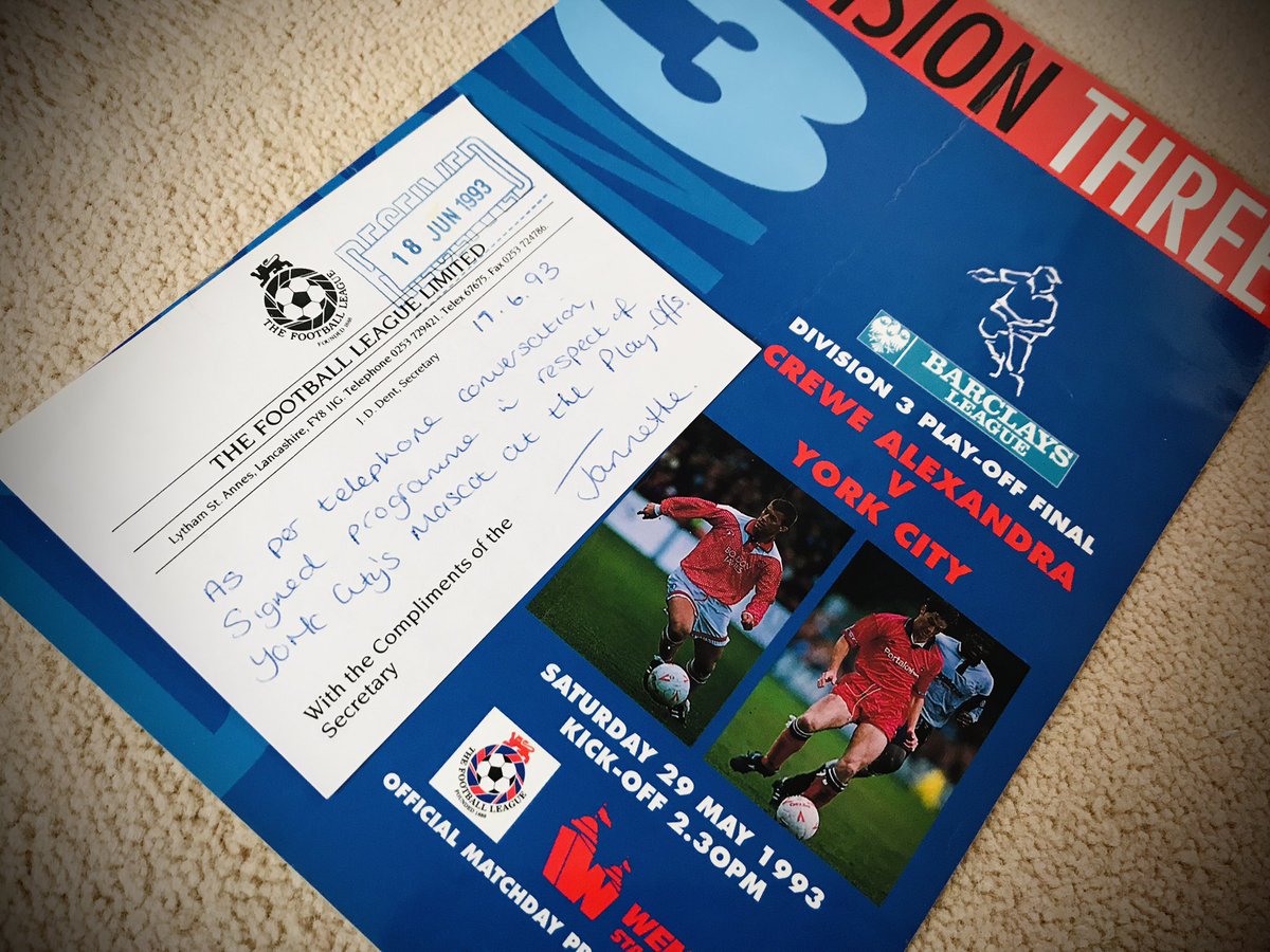 I was ridiculously lucky to win a  @BBCYorkSport competition to be the mascot for our Play Off Final trip to the old Wembley back in May 1993. Left my signed programme in the Changing Rooms which the Football League were kind enough to post a few weeks later