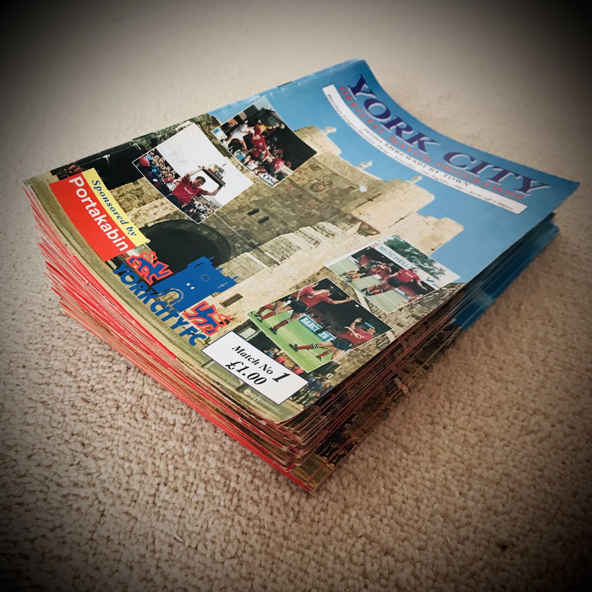 A few more Wembley bits, a Travel Club ticket (£12!) along with the souvenir VHS and  @BBCYorkSport’s ‘We’re Up’ cassette. Also each programme from the season which saw us get there. Remember when scrapbooks were a thing?