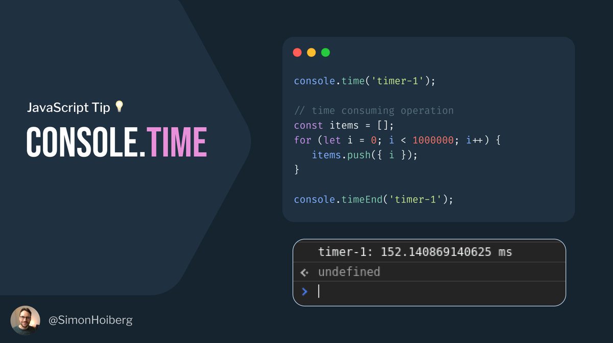 JavaScript Tip 💡

You can set timers using console.time.
This can be useful when debugging slow loops or function calls.