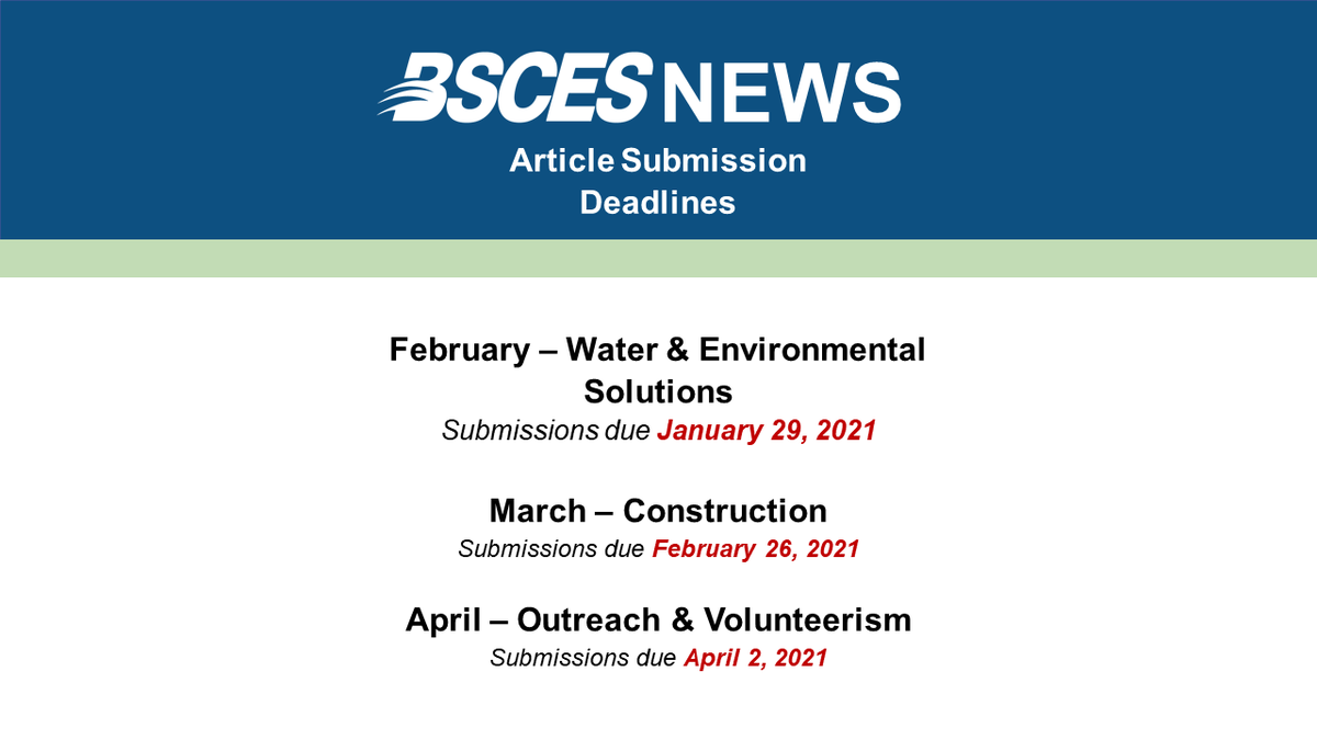 BSCESNews's tweet photo. New year = new goals 🥳. Take this time to write about that cool project you've been working on for #BSCESNews! Upcoming themes and article submission deadlines are shown in pic -  DM or email newsletter.board@bsces.org for more details on how to submit. @BSCES @TEC_Tweets https://t.co/nOxtPuda03