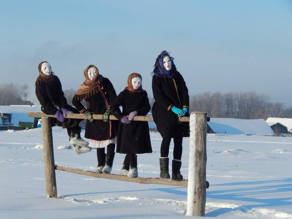 Who are these people in the creepy masks? It's Шорыкйол among the Mari, a week-long celebration that could be translated as 'the holiday of the the sheep's leg'. It is designated to take account of the previous year, and welcome the new one. Started on 7 January, last till 14th.