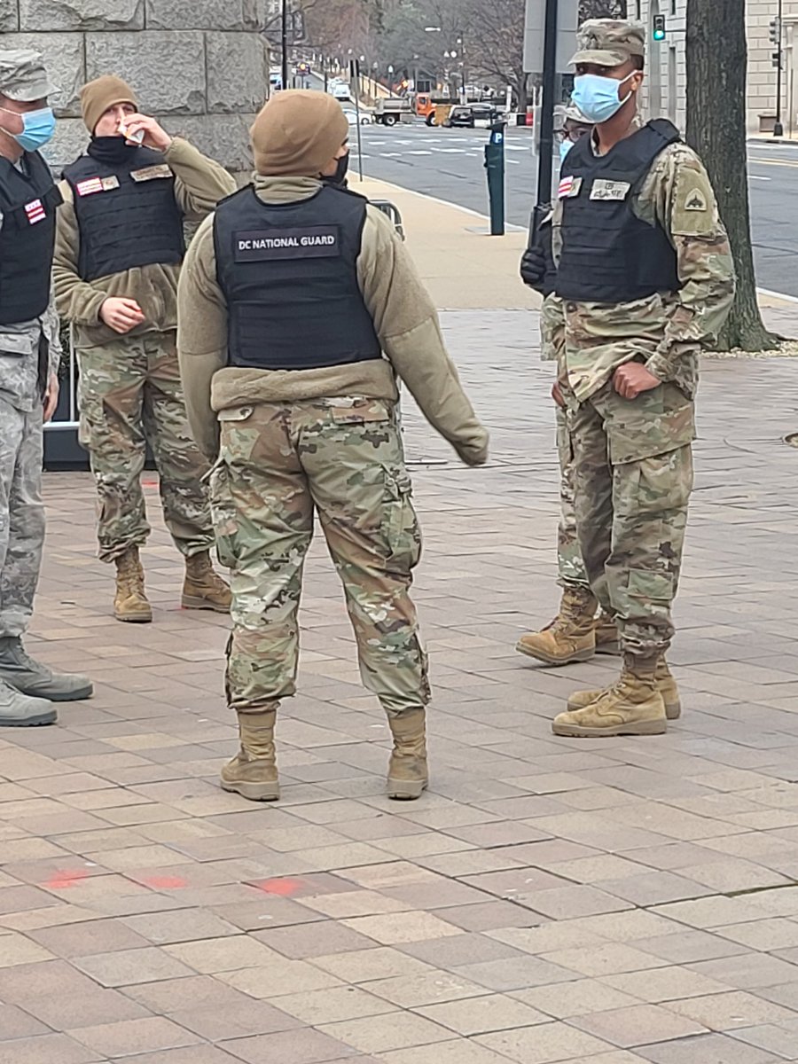 Through out the Pennsylvania Ave area there were some but not much national guard. Mostly outside trump hotel and these two were getting on the metro they were all unarmed as per bowesers orders and they were bullshiting with each other. 10/