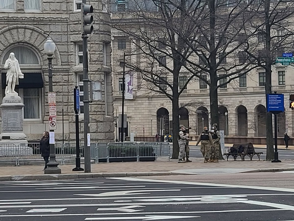 Through out the Pennsylvania Ave area there were some but not much national guard. Mostly outside trump hotel and these two were getting on the metro they were all unarmed as per bowesers orders and they were bullshiting with each other. 10/
