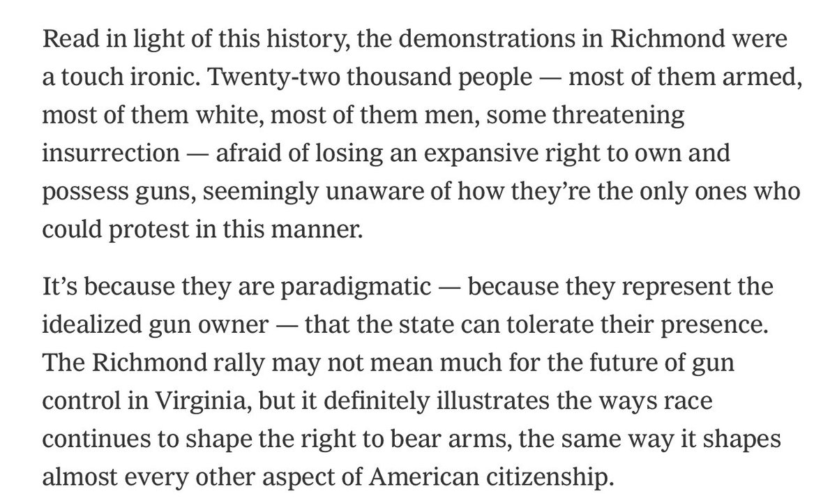 Have been thinking about the reasons *why* right-wing protesters get so much leeway from law enforcement and other authorities and came back to this piece I wrote last January, about the big gun rights demonstration in Richmond. https://www.nytimes.com/2020/01/22/opinion/richmond-gun-rights-rally.html