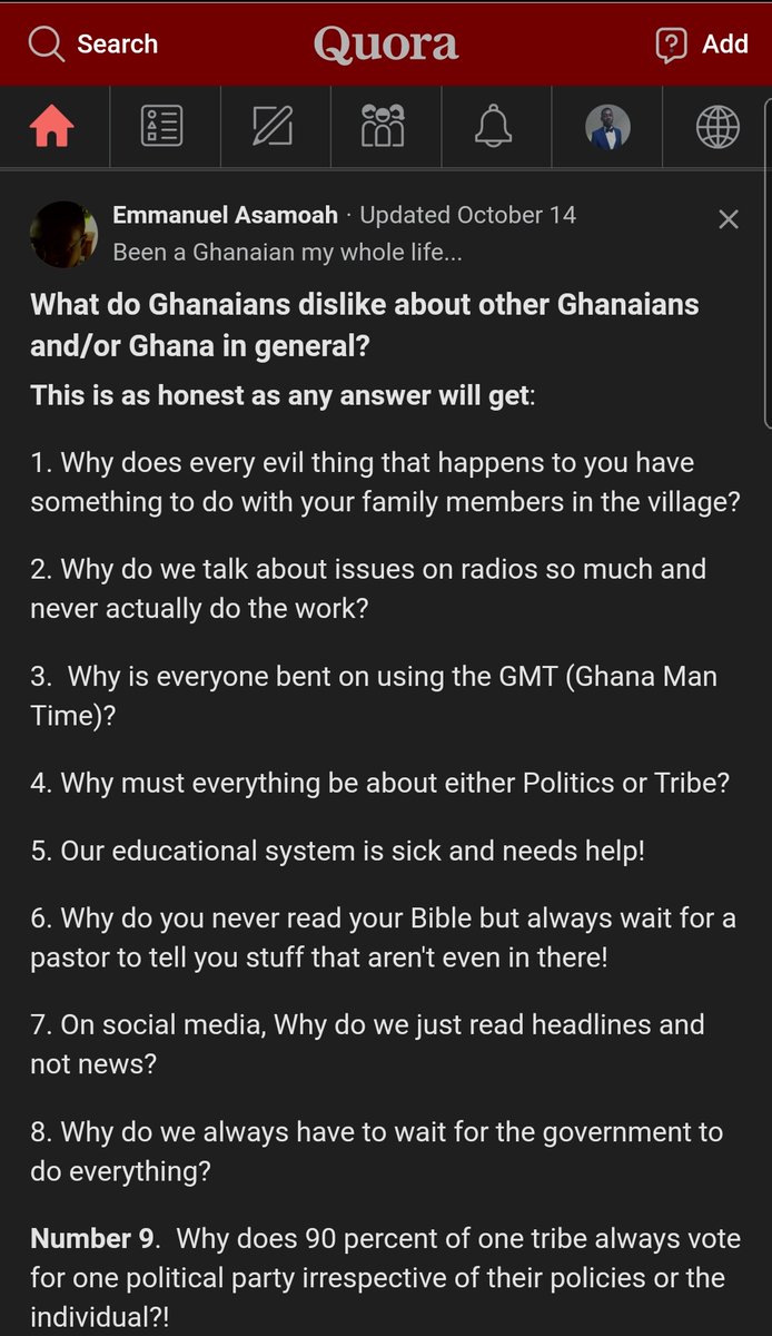 I saw this Response to 'What do Ghanaians dislike about other Ghanaians' on Quora and thought I should share. Accurate about ?A Thread... #UCCfreshers  #WelcomeToKNUST  #NanaAfricanLeaderOfTheYear