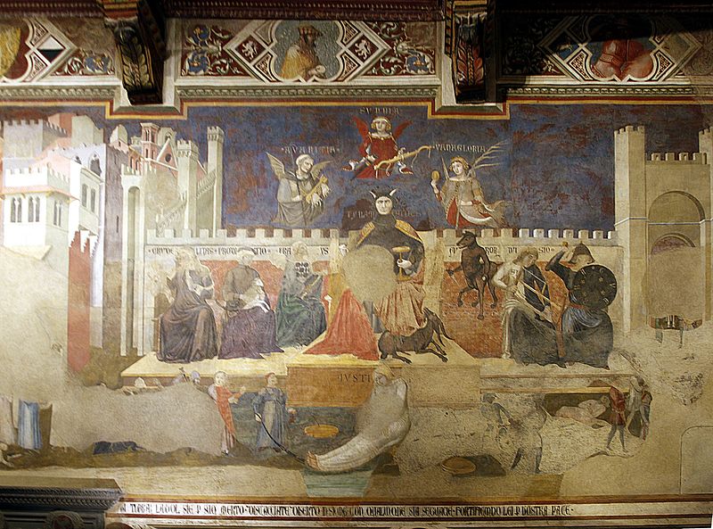 EmilyGuerry's tweet image. In the c1338 frescoes of Bad Government in Siena, Tyranny is enthroned resting his feet on Luxury, surrounded by Greed, Pride, &amp;amp; Vainglory. Cruelty, Deceit, Fraud, Fury, Division, &amp;amp; War flank him – w/ Justice bound below – as  violence erupts across the city #arthistory #sedition