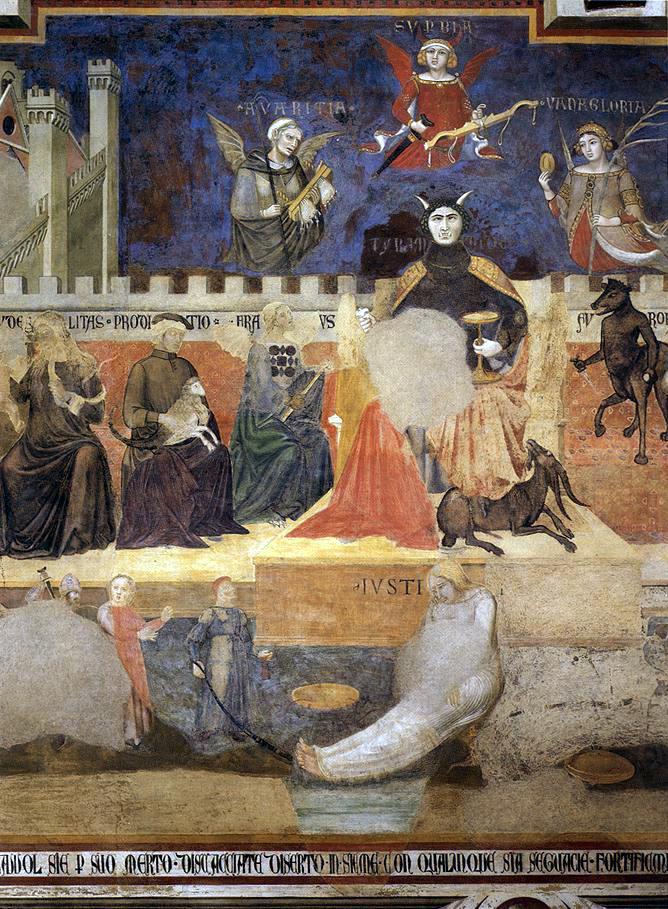 EmilyGuerry's tweet image. In the c1338 frescoes of Bad Government in Siena, Tyranny is enthroned resting his feet on Luxury, surrounded by Greed, Pride, &amp;amp; Vainglory. Cruelty, Deceit, Fraud, Fury, Division, &amp;amp; War flank him – w/ Justice bound below – as  violence erupts across the city #arthistory #sedition