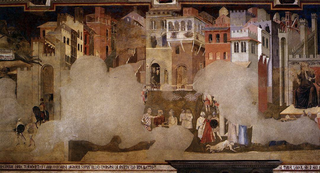 EmilyGuerry's tweet image. In the c1338 frescoes of Bad Government in Siena, Tyranny is enthroned resting his feet on Luxury, surrounded by Greed, Pride, &amp;amp; Vainglory. Cruelty, Deceit, Fraud, Fury, Division, &amp;amp; War flank him – w/ Justice bound below – as  violence erupts across the city #arthistory #sedition