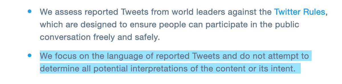 For example, Twitter gave a pretty detailed, thoughtful explanation of Trump’s suspension ( https://blog.twitter.com/en_us/topics/company/2020/suspension.html) that seems in tension, at least, with their post on world leaders’ accounts last year ( https://blog.twitter.com/en_us/topics/company/2019/worldleaders2019.html), where they say: