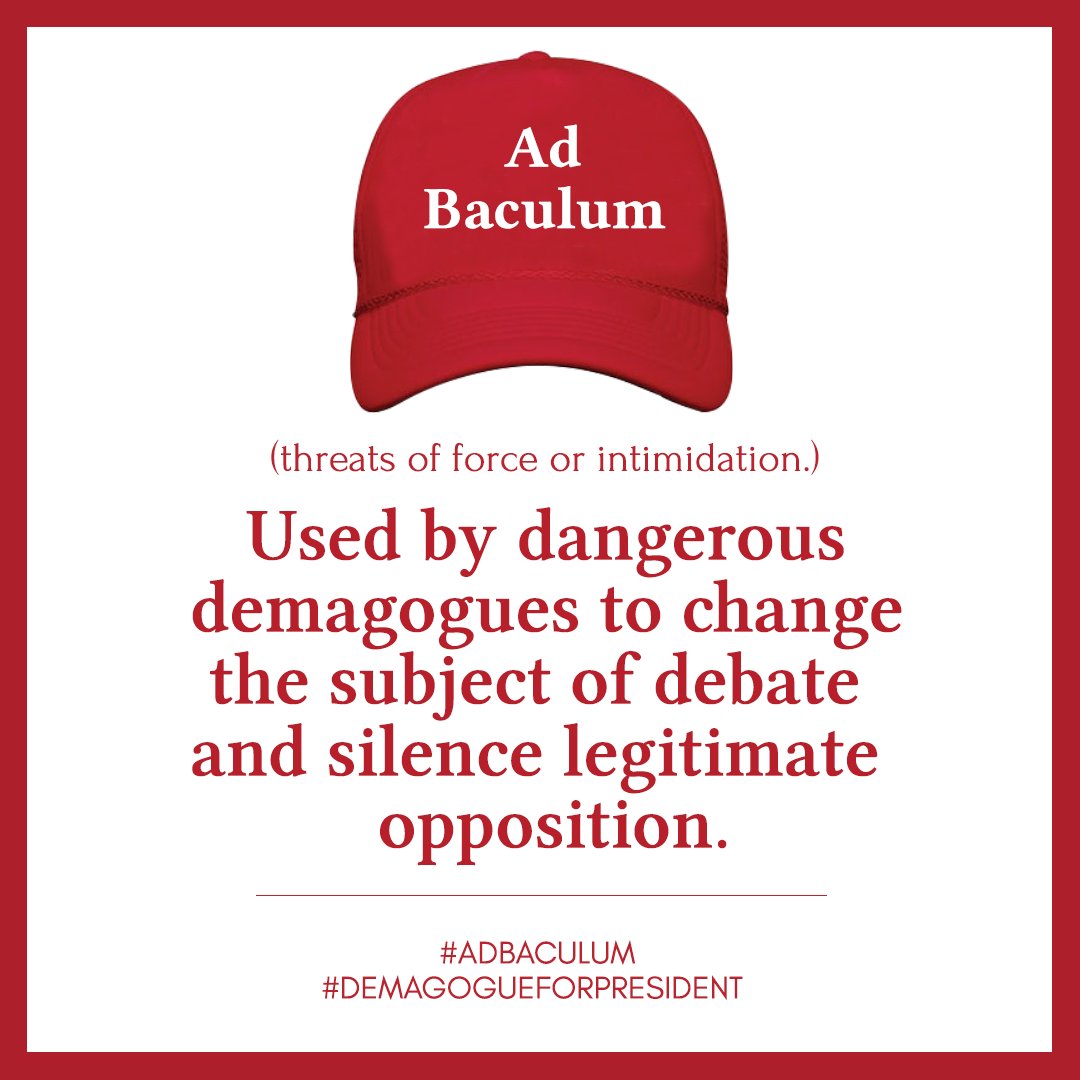 He uses three rhetorical strategies to separate him and his base from everyone else: ad hominem, ad baculum, and reification.