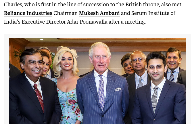 Stupido_Bot1's tweet photo. Prince Charles of @RoyalFamily spent his Nov 2019 birthday in India &amp; met
Serum Institute vaccine guy Poonawalla apert from Tata, Ambani, Goenka, Harsh Goenka etc for Great Reset genocidal scam.
#RejectImperialPoison 
#StopKiller5G
#ThwartBritishNWO 
https://t.co/Le48nkk3rz https://t.co/wnpAPo4I22