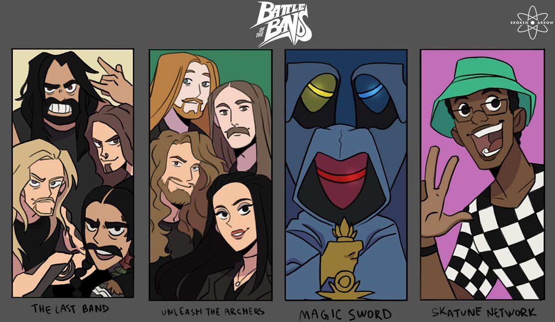 As Heatseeker prepares for tour, check out this stacked LINEUP for the TOUR! (Part 1 of 3)

<a href="/LastBand/">The Last Band</a>
<a href="/UnleashArchers/">Unleash The Archers</a>
<a href="/magicswordmusic/">Magic Sword</a>
@skatunenetwork

🎨 by <a href="/drunkenfix/">✖️ Max Monroy</a>
Colored by <a href="/MarleyCatts/">🌻Charlie Nagelhout🌻</a>
Created by <a href="/TheCelticTampon/">Allissoon in 🇯🇵- Animation Producer</a>

#battleofthebands #botb #animation #art #artistsoftwitter