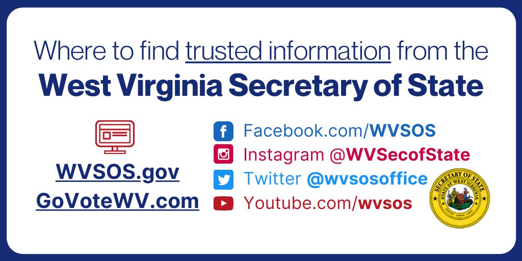 wvsosoffice's tweet photo. Follow us for accurate, updated election, business &amp; licensing information and more. You can find us at https://t.co/amW5mMGlY5 and https://t.co/BjA5KT1iyH, too! #TrustedInfo2020 https://t.co/idIYfXvYh7