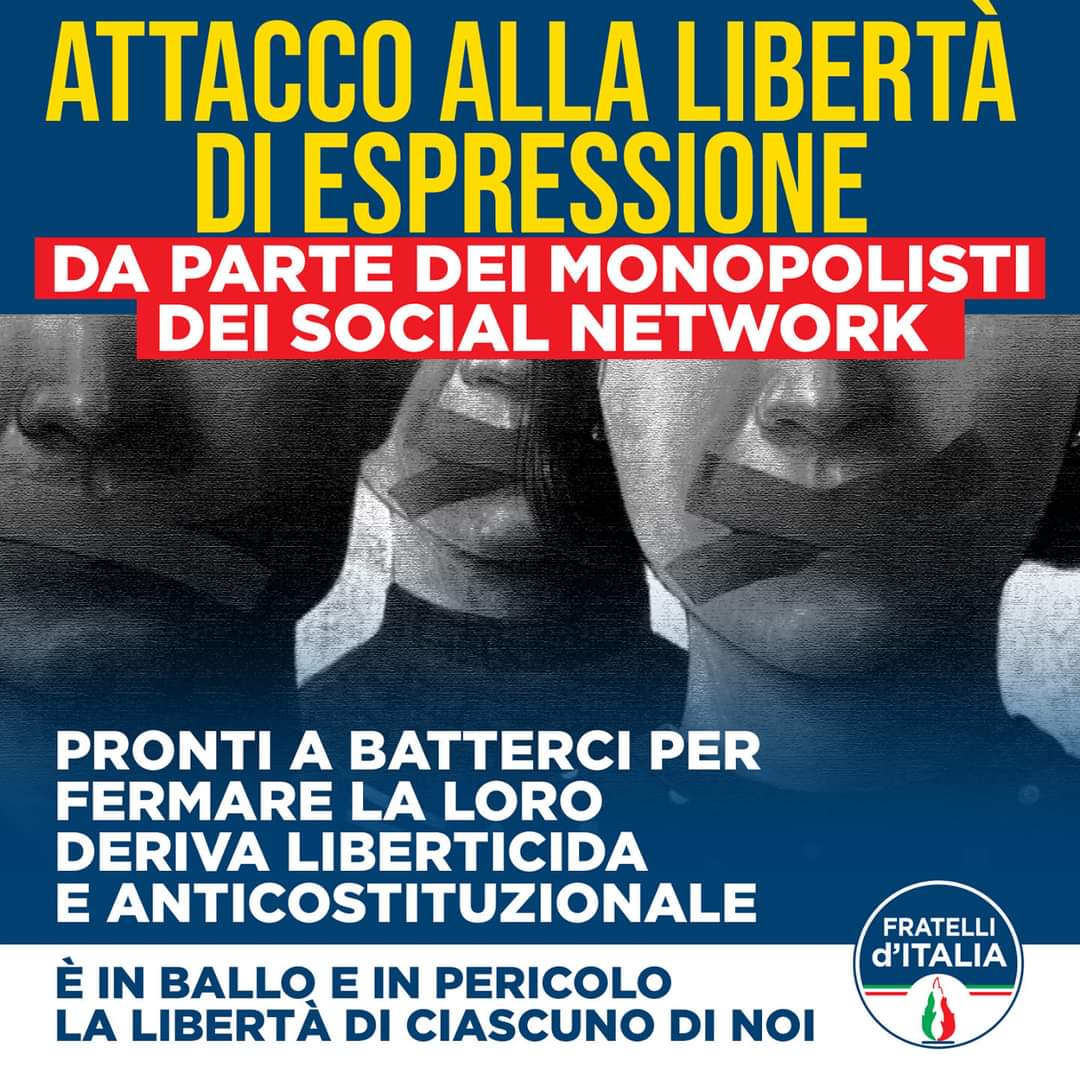 Gravissima la deriva liberticida presa da alcune società private che gestiscono le piattaforme dei social network. Evidentemente l'incremento del loro business gli ha dato alla testa: tanto da pensare di poter togliere a propria discrezione il diritto di parola a chiunque. (1/2)