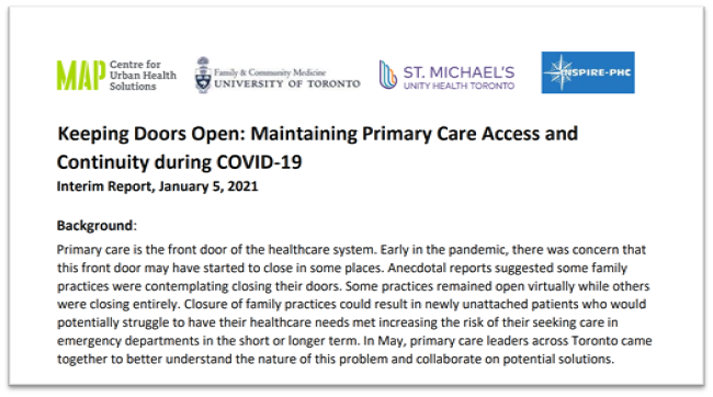 OntarioCollege's tweet photo. OCFP joined a Toronto team for a closer look at how family physician practices stayed open for care โ by phone, video or in person โ during #COVID19. Bottom line: #FamilyDocs are overwhelmingly #OpenForCare. Get the interim report https://t.co/pvoTWTh92J https://t.co/6hHdtOAcBi