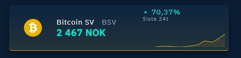 bitruption's tweet photo. I løpet av de siste 24 timer har Bitcoin SV (BSV) steget med over 70 %, og bitruption er Norges eneste handleplattform som tilbyr kjøp og salg av Bitcoin SV. https://t.co/1jcPj6P2vW