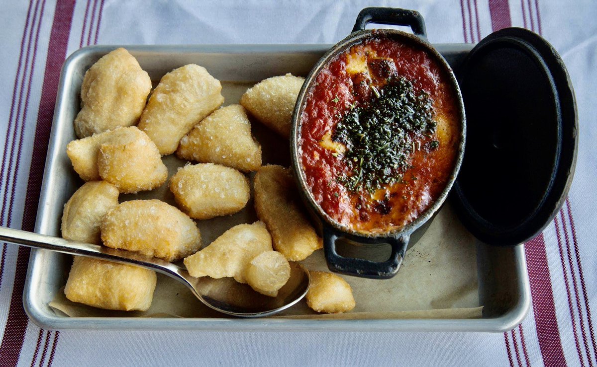 Our Skillet Baked Smoked Gouda with sea salt zeppolis and marinara sauce is available for dine-in and carry out!