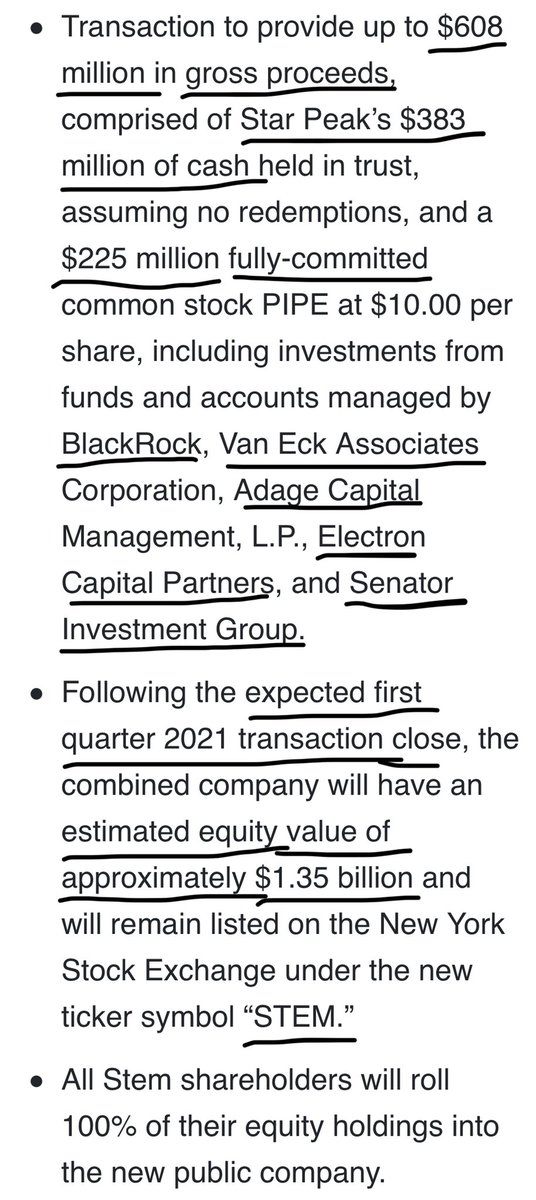  $STPK a bit more about Stem:- Invested in by Blackrock, among others- Significant value by lowering energy costs for customers- Will become  $STEM (expected to happen in Q1 2021)- Estimated equity value of $1.35b when the transaction closes