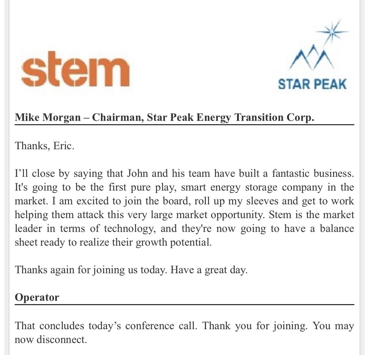  $STPK bit more about  $STEM:- Addresses a $1.2 trillion market (opportunity)- Possible great longterm investment due to all of it’s potential/history- $525 million in cash- From conference call/SEC filing. Management combination is great imo https://sec.report/Document/0001104659-20-132221/