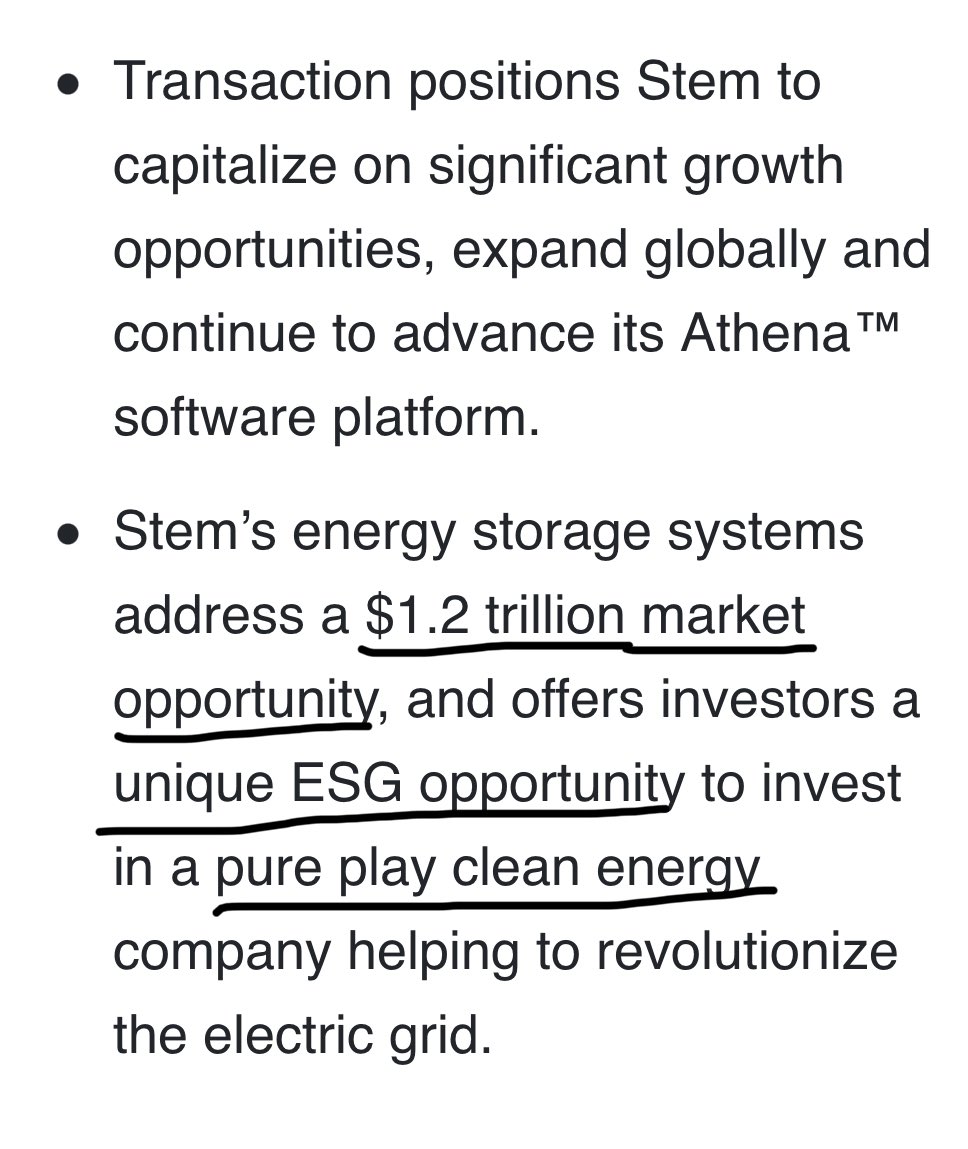  $STPK bit more about  $STEM:- Addresses a $1.2 trillion market (opportunity)- Possible great longterm investment due to all of it’s potential/history- $525 million in cash- From conference call/SEC filing. Management combination is great imo https://sec.report/Document/0001104659-20-132221/