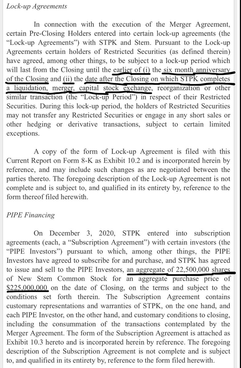 More info on  $STPK:- Warrants are $1:1 conversion at $11.50- 22,500,000 PIPE investor shares ($225m)- Read about the lockup period! Always important to know imo.  $STEM