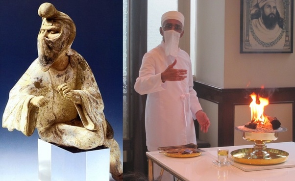 7/ Nevertheless, at one time Sogdian Zoroastrians were a vibrant community in China. This Tang-era (8th century) statue of a Zoroastrian priest, juxtaposed with its modern-day equivalent, shows just how familiar the Tang court was with Zorostrian traditions.