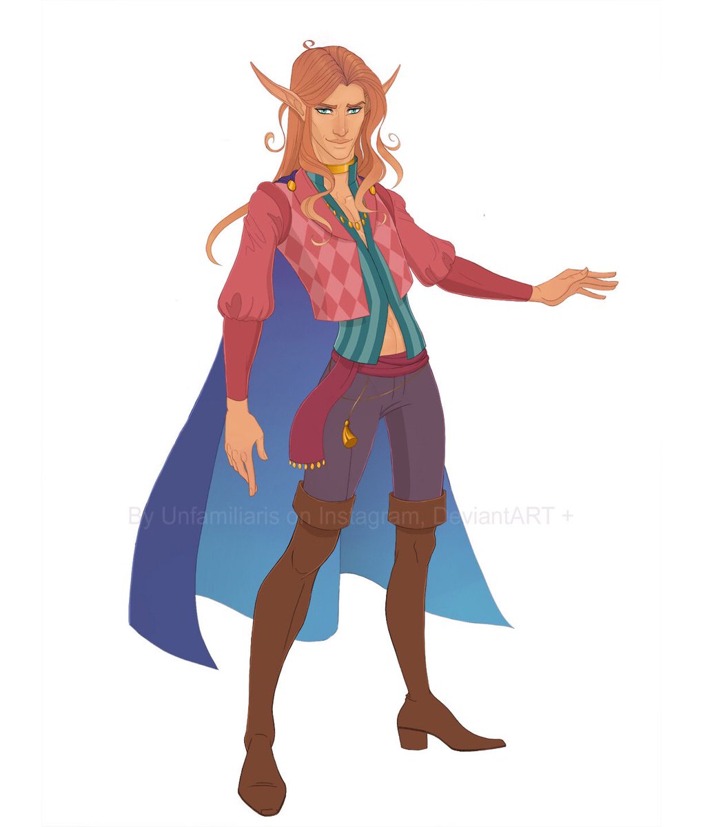unfamiliaris's tweet photo. These are Cecil’s two main outfits , currently. More def to come- his cloak allows him to change the appearance of his clothes at will. The pink outfit was destroyed, but he still mimics it from time to time. 
#characterdesign #dndart #dungeonsanddragonsart #DnDcharacter #bard https://t.co/N4UaTGlOnk