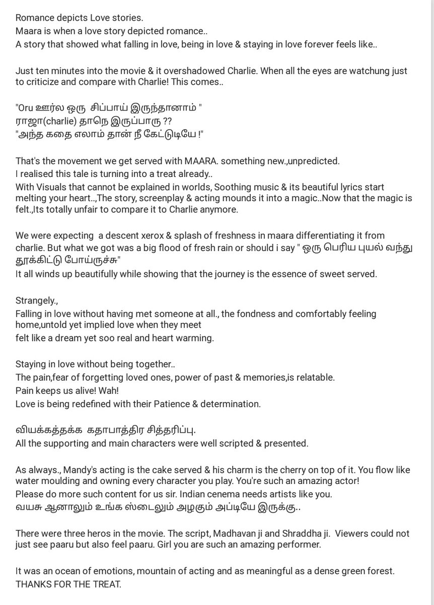 ___Happysoul__'s tweet photo. @ActorMadhavan @ShraddhaSrinath #Maara #MaaraMovieReview couldn't fit the ocean of emotions i felt so its a word doc😁plz read.
Maara is
Experiencing romance without a single "romantic scene" 
Maddy &amp; shradha ji didn't need a magical photo in the end.They were the Magic💚💝💌 https://t.co/D33rHSUq3C
