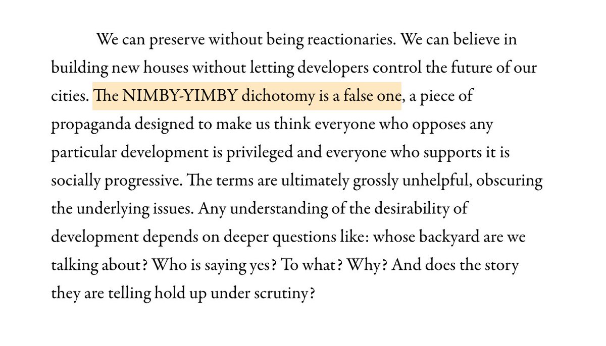 Like, I get why the NIMBY-YIMBY dichotomy is frustrating to people but it's the most accurate way to break down how various factions do or do not benefit from housing production. Supply vs. scarcity is the thing around which our current political economy of housing orbits.