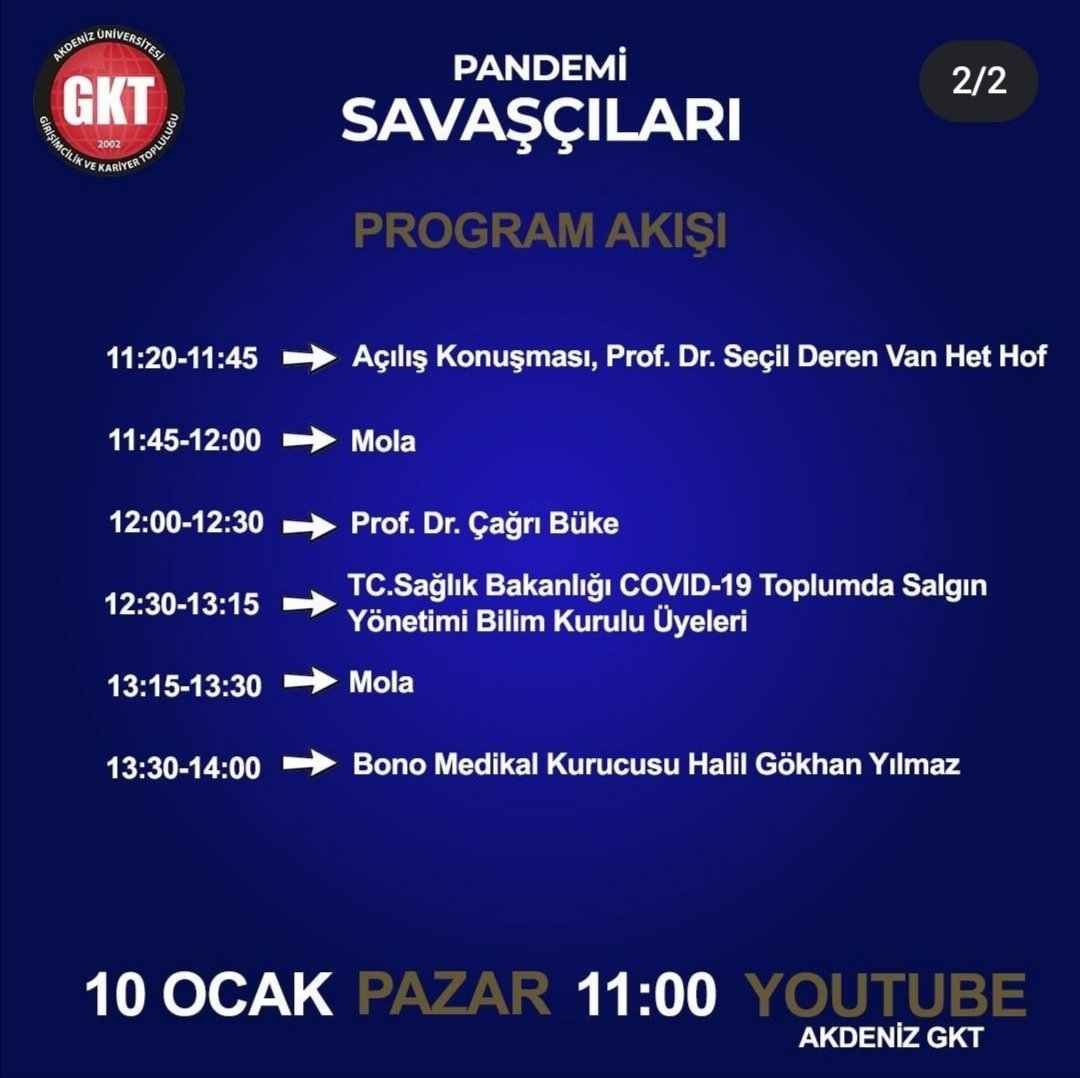 AkdenizUniSKS's tweet photo. Girişimcilik ve Kariyer Topluluğumuzdan kaçırılmayacak bir etkinlik daha...
10 Ocak Pazar günü, Saat: 11.00'de Akdeniz GKT - Youtube dan canlı olarak gerçekleşecek "Pandemi Şavaşçıları Zirvesi" ne davetlisiniz.
@akdenizun @drmuratturhan @alievrenimre @m_aliozcelik  @AkdenizGKT https://t.co/WbuMAg7tVF