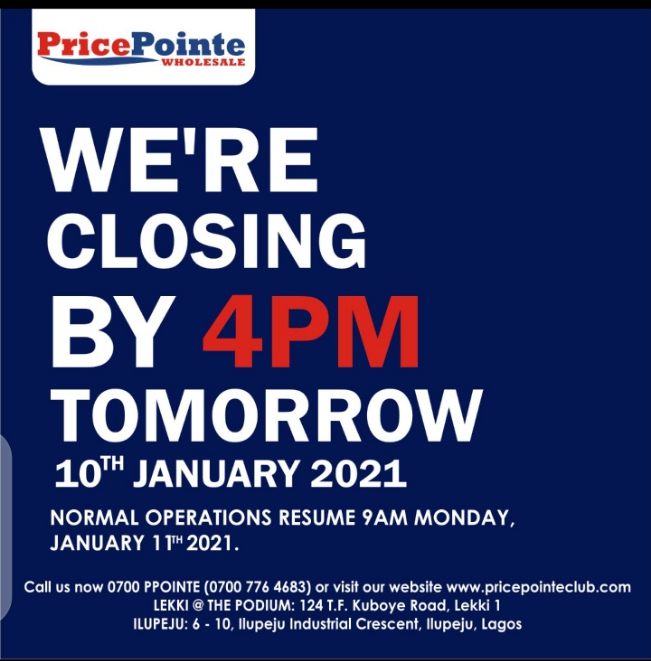 PricePointeClub's tweet photo. Update:
Call us today on 0700 776 4683 or visit our stores at:
Lekki: The Podium, 124 T.F Kuboye road, Lekki Oniru or
Ilupeju: 6 - 10 Ilupeju Industrial Crescent, Ilupeju 
Opening Hours: 9am - 7pm daily at both stores

#PricePointe #wholesale #newyear https://t.co/oXi5mWHL0R