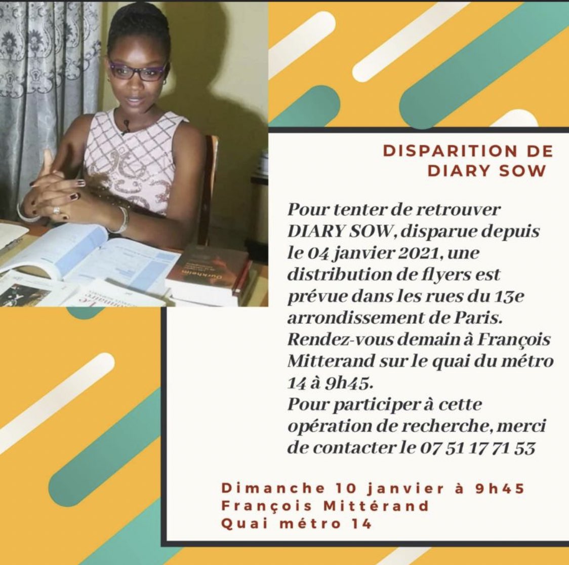 ElHadjiMSeye's tweet photo. #DiarySow, brillante élève 👩‍🎓 est disparue à Paris depuis 5 jours maintenant. Aidez nous à la retrouver en participant demain 10 décembre dans le 13e Arrondissement de @Paris. https://t.co/yZ8k9c18NN