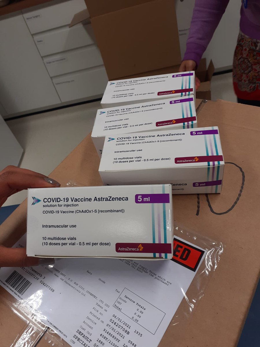 Slightly bigger boxes, but probably even more hope inside. These are the Oxford/Astra Zenica vaccines making an appearance at our vaccination hub. We will be using these on Wednesday to continue giving protection. As a group, around 2,350 done including care home residents.
