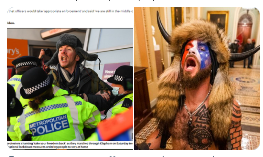 matthewpwillis's tweet photo. Is there a link between the #covidiots on Clapham Common and the "people" who stormed the Capitol earlier this week? https://t.co/bZgl2EKBFQ