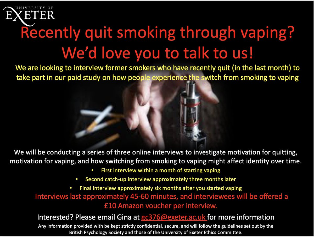 ginacollins (@ginapcollins) on Twitter photo Recently quit smoking through vaping? We'd love to talk to you... and pay you for your time! A new paid <a href="/UniofExeter/">University of Exeter</a> study is investigating the switch from smoking to vaping - we want to hear about your experiences
#QuitSMOKING #vaping #vape #ecig
*Please RT* Recently quit smoking through vaping? We'd love to talk to you... and pay you for your time! A new paid <a href="/UniofExeter/">University of Exeter</a> study is investigating the switch from smoking to vaping - we want to hear about your experiences
#QuitSMOKING #vaping #vape #ecig
*Please RT*