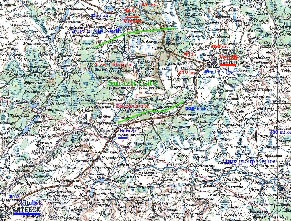 This gap became known as the 'Vitebsk[or Surazh] Gate'. The Belarusian Communist Party created the Northwestern Operational Group to liaise with the RedArmy and orchestrate movements through the gap with the 1st Belarusian Partisan Brigade protecting the south, the 2nd the north.