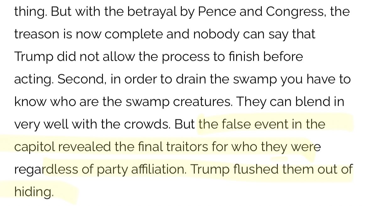 BUT the time of Trump's mercy is ending, the Nye GOP chair says:"But with the betrayal by Pence and Congress, the treason is now complete...The false event in the capitol revealed the final traitors for who they were...Trump flushed them out of hiding." (Praise him!) 10/ 