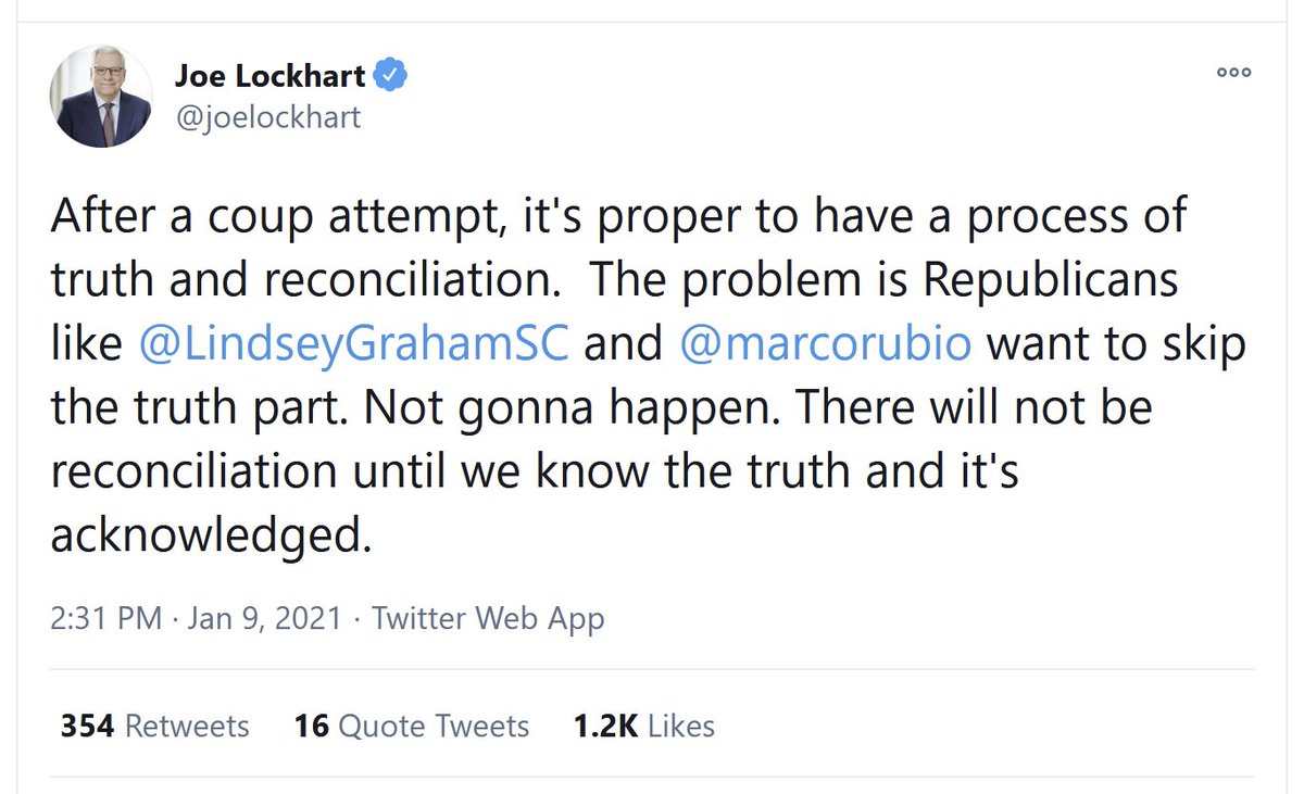 31/ We need justice & accountability for the attempted coup & some of Trump's crimes before we skip straight to "unity."We need a Truth & Reconciliation Commission to hear the truth. https://twitter.com/RBReich/status/1317614803704115200 https://twitter.com/tribelaw/status/1345436435738996743 https://twitter.com/joelockhart/status/1348034799156518915 https://twitter.com/BerniceKing/status/1325552892980375557