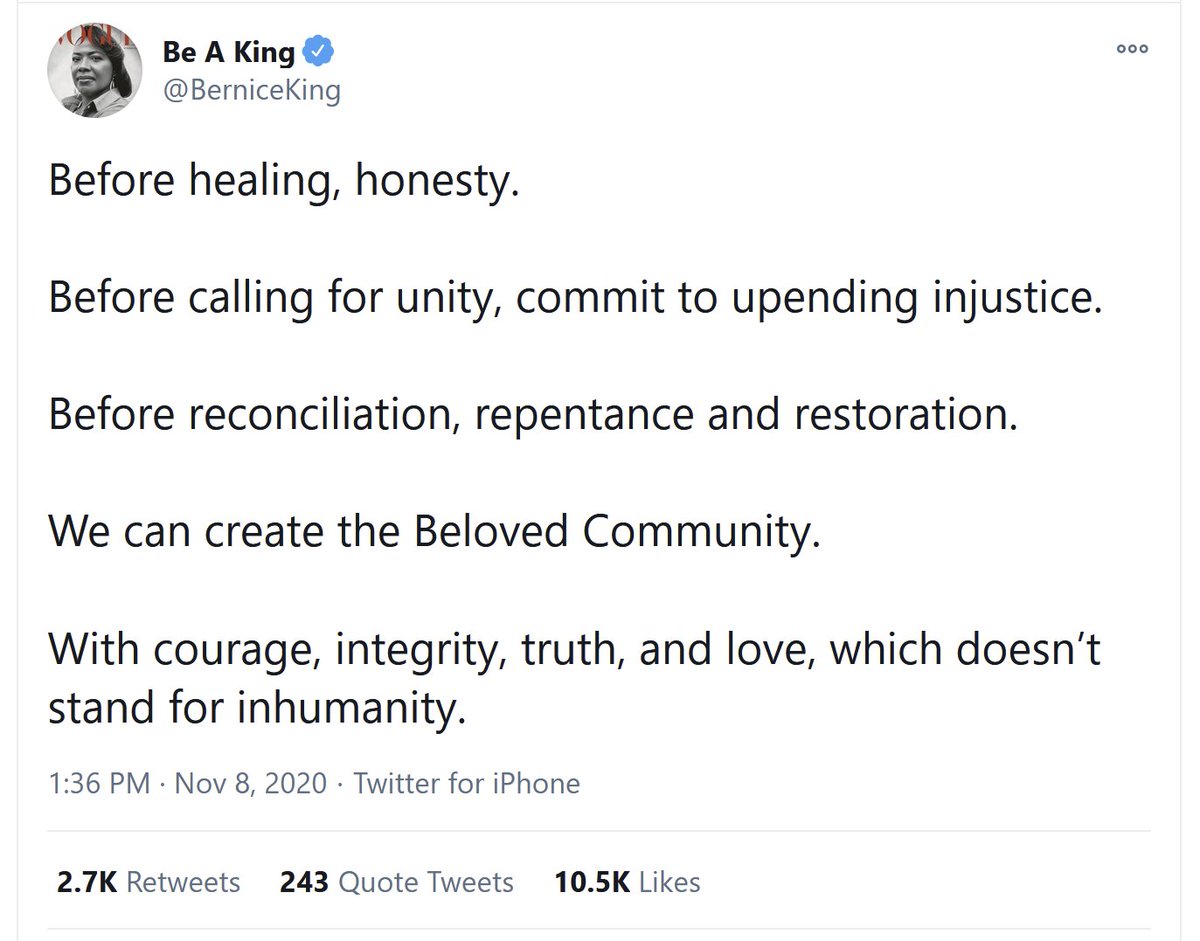 31/ We need justice & accountability for the attempted coup & some of Trump's crimes before we skip straight to "unity."We need a Truth & Reconciliation Commission to hear the truth. https://twitter.com/RBReich/status/1317614803704115200 https://twitter.com/tribelaw/status/1345436435738996743 https://twitter.com/joelockhart/status/1348034799156518915 https://twitter.com/BerniceKing/status/1325552892980375557