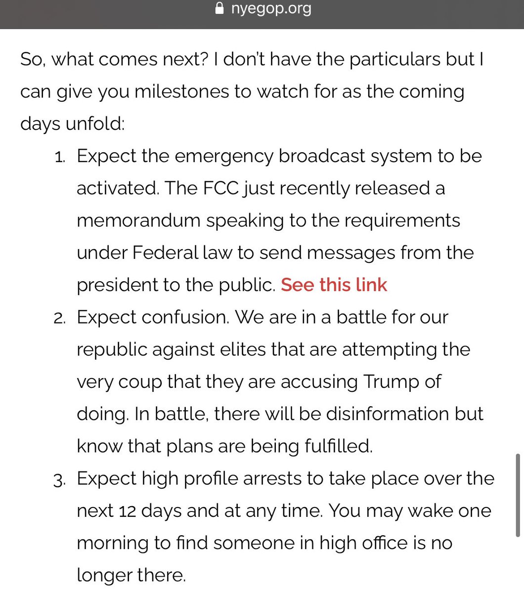 The Nye GOP chairman then tells Republicans to expect over the next 12 days a mass internet outage and that Trump will:•invoke the Insurrection Act•activate the emergency broadcast system•order high profile arrests Again, there's NO EVIDENCE for any of this. 12/ 