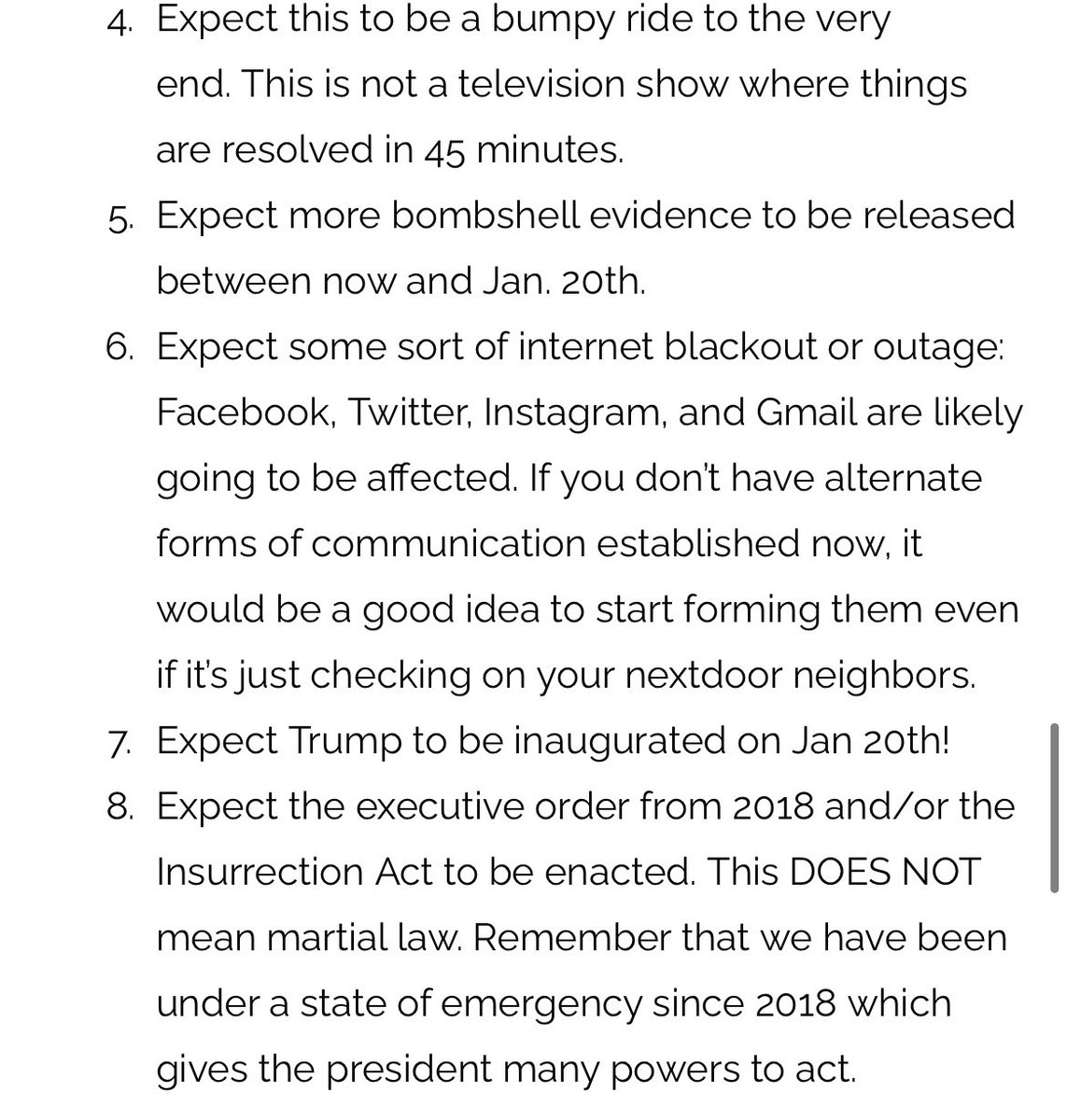 The Nye GOP chairman then tells Republicans to expect over the next 12 days a mass internet outage and that Trump will:•invoke the Insurrection Act•activate the emergency broadcast system•order high profile arrests Again, there's NO EVIDENCE for any of this. 12/ 