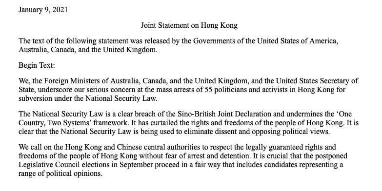 newsguyusa's tweet photo. Australia, Canada, UK and US issue joint statement on #HongKong. https://t.co/zSicgH4QMK