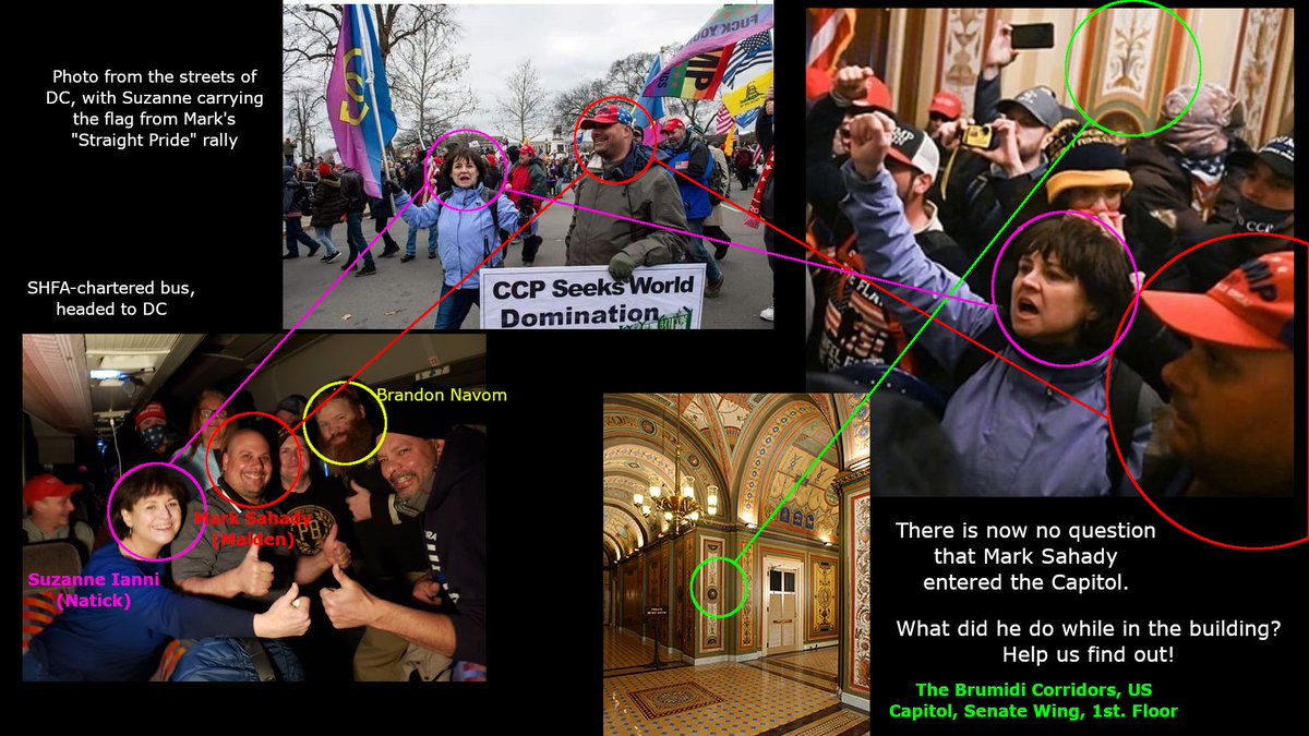 Massachusetts based Trump supporters and insurrectionists Mark Sahady, Brandon Navom and Suzanne Ianni on their way to the Capitol and then inside the capitol. Pretty easy one here.

You might know Mark Sahady from organizing the bigoted Straight Pride Parade last year in Boston