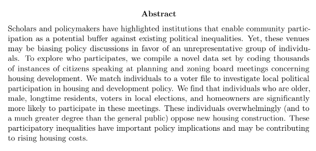 "nobody deserves to have the future of their neighborhoods determined by developers rather than the democratic process." The thing is, NIMBYism is a result of anti-democratic processes. https://www.dropbox.com/s/k4kzph3ynal3xai/ZoningParticipation_Perspectives_Final.pdf?dl=0